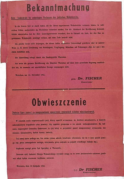 WWII: Nazi announcement of the introduction of the death penalty for Jews leaving the ghettos and for Poles helping them; dated Nov. 10th, 1941