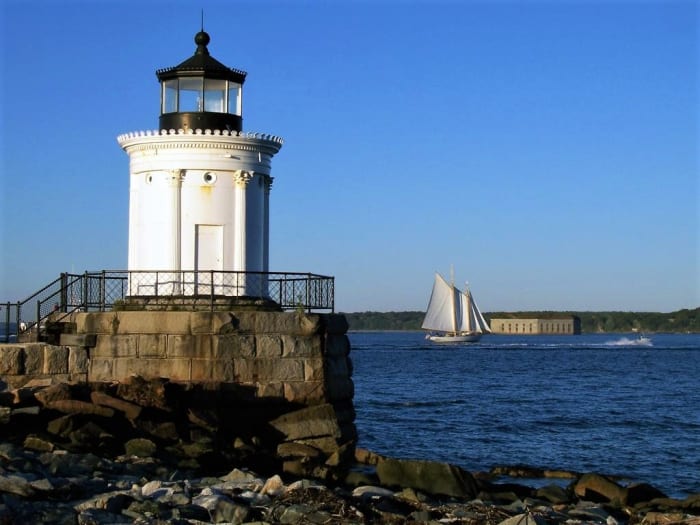 This tiny light that guards the Portland Harbor is called Bug Light. It is easily accessible by land. photo by author