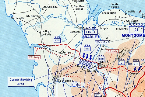 WWII: Saint Lo Breakthrough - 25-31 July 1944. Note the carpet bombing area where General McNair was killed.