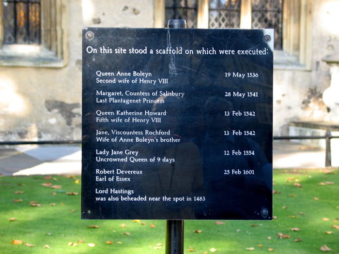 The marker showing the location at the Tower of London where Anne Boleyn and several others were executed.