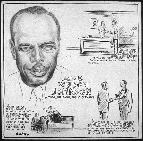The life of James Weldon Johnson depicted with sketches and biographical paragraphs. By artist Charles Henry Alston. Current location of work is the National Archives and Records Administration, College Park, MD.