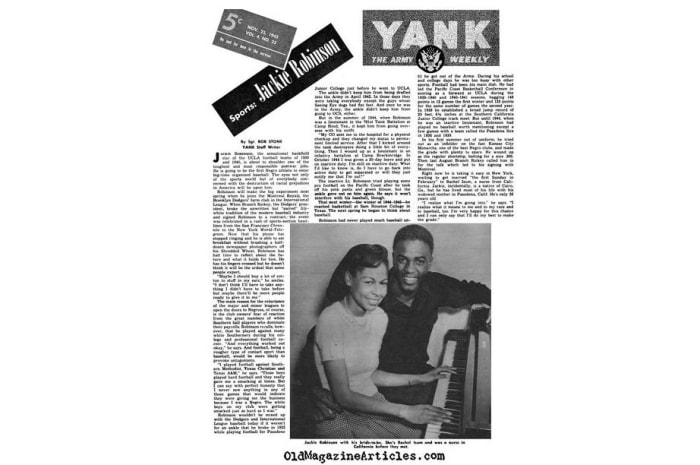 1945 interview in the Army's "Yank" magazine includes Jackie's time at Camp Hood, but does not mention the court martial.