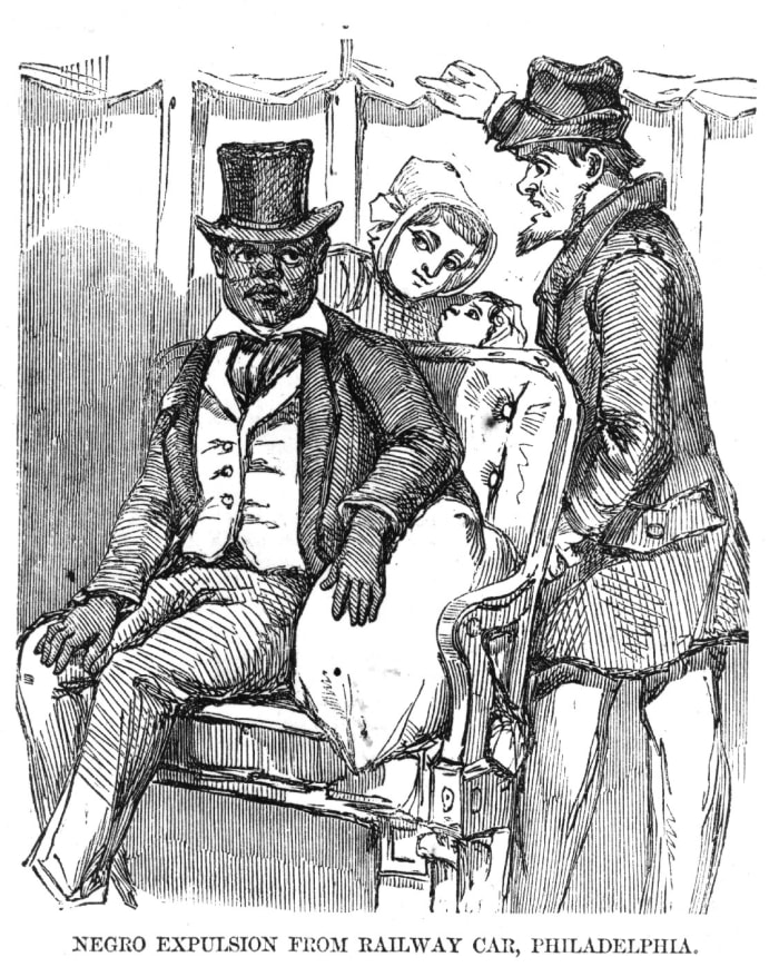"Negro expulsion from railway car, Philadelphia." 1856.