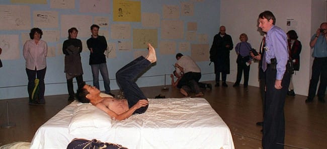 Yuan Cai and Jian Jun Xi stripped down to their pants and jumped on Tracy Emin's "My Bed" at the Tate London Gallery in 1999