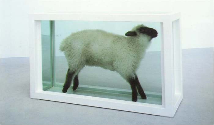 Damien Hirst, Away From the Flock (1994), 38x59x20in, steel, glass, lamb, formaldehyde solution. Saatchi Collection.