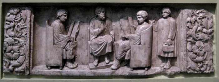 In this carved relief, a Roman tutor educates his pupils, possibly on the discipline of history. The Pushkin Museum of Fine Arts, Moscow.
