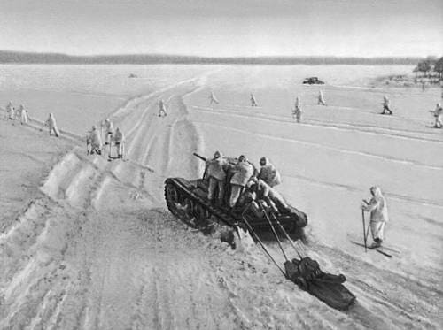 Soviet troops supported by tanks in the midst of their counterattack against the Germans in December 1941.