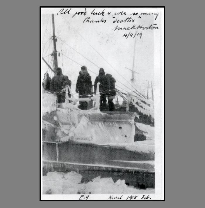 World War I: HMS E-9 pictured at Reval (Tallinn, Estonia) in February 1915. Autographed by Max Horton (skipper of E-9) in 1919.