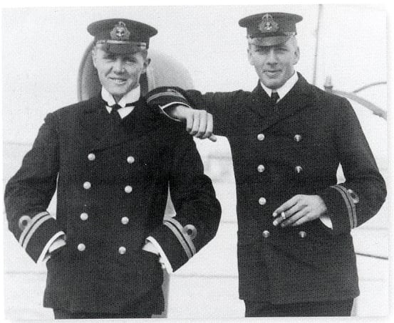 World War One: Max Horton (left), commander of HMS E-9, and Noel Laurence, commander of HMS E1, during service with British Submarine Flotilla in the Baltic. They would later become admirals and serve during World War 2.