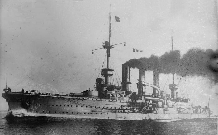 WWI: German 10,000-ton armored cruiser SMS Prinz Adalbert. Damaged by E-9. Later sunk by E-8, losing 672 of her 675 crew.