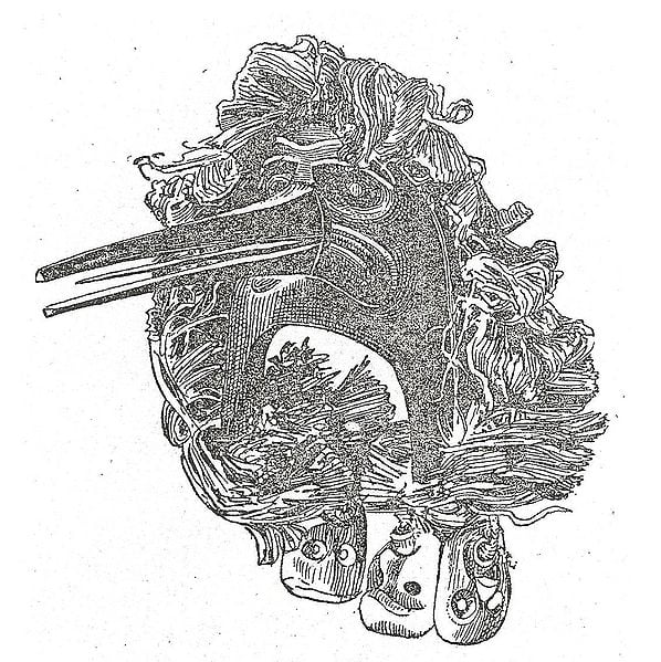 Kwakiutl mask drawing from "The Social Organization and the Secret Societies of the Kwakiutl Indians", Boas (1897)