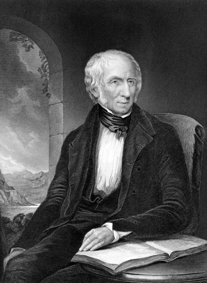 Black and white illustration of poet, William Wordsworth who was good friends with Coleridge.