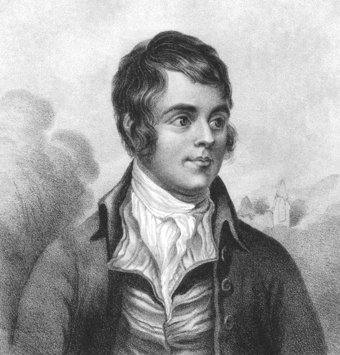 A black and white pencil sketch of the poet, Robert Burns, whose poems touched on poverty and social class injustices.