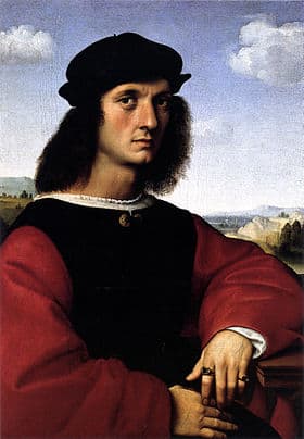Raphael, Portrait of Agnolo Doni (a. 1506), Florence Galleria Palatina. Agnolo Doni has commissioned his own portrait and that of his wife Maddalena Strozzi after their marriage, in 1503.