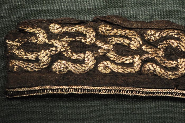 A piece of silk embroidered with silver, discovered in a Viking burial ground in Sweden. For the Vikings, Arabia was a rich source of both silk and silver.