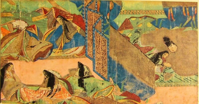 An illustration from a twelfth century scroll of the novel Genji Monogatari, the favourite reading of Lady Sarashina.