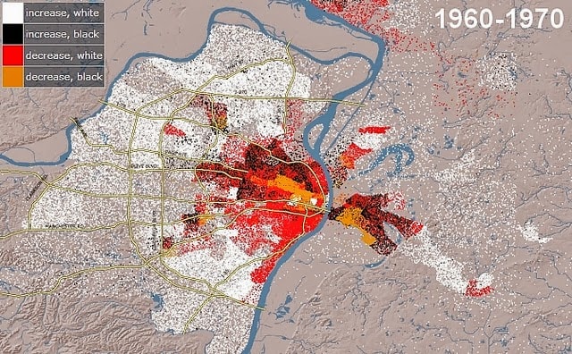 Map of St. Louis showing a decade of transitioning of whites out of the central city into the suburbs and the blacks concentrating more and more densely in the central city.