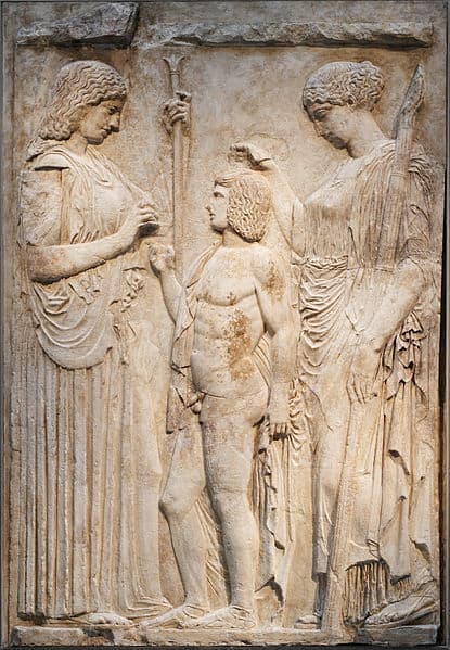 Roman copy of Greek original found at Eleusis, showing Demeter, Persephone and Triptolemus.