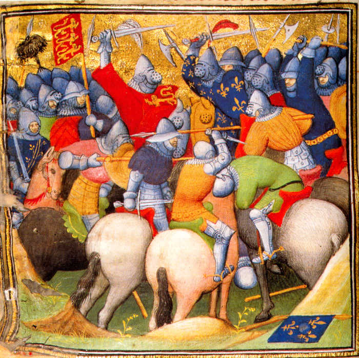 English and French knights fighting at the Battle of Crécy in 1346. The king could call on his barons to form an army at times of war. Knights and nobility would normally be mounted on horses, while the peasantry went to war on foot.