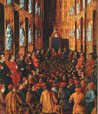 Manuscript illumination dating around 1490 showing Pope Urban II at the Council of Clermont (1095), where he preached the First Crusade. The catholic church and the papacy were very powerful in the feudal period, often rivaling or usurping royalty.
