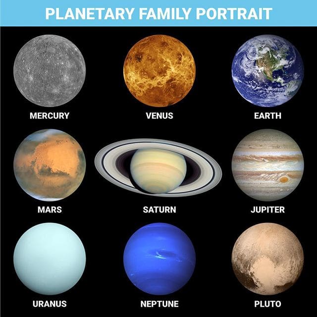 Collage of NASA photos of different planets, including some false-color, enhanced-color, and radar topography with artificial color.