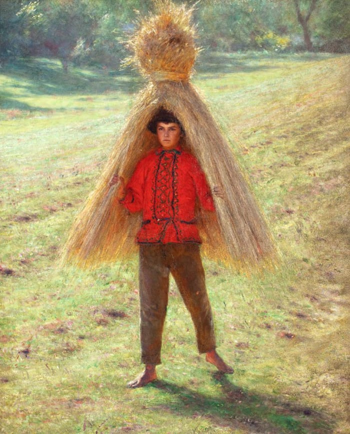 Traditions regarding the last sheaf of grain are wide spread across Europe. A boy carrying a sheaf of grain, by Aleksander Gierymski 1895.