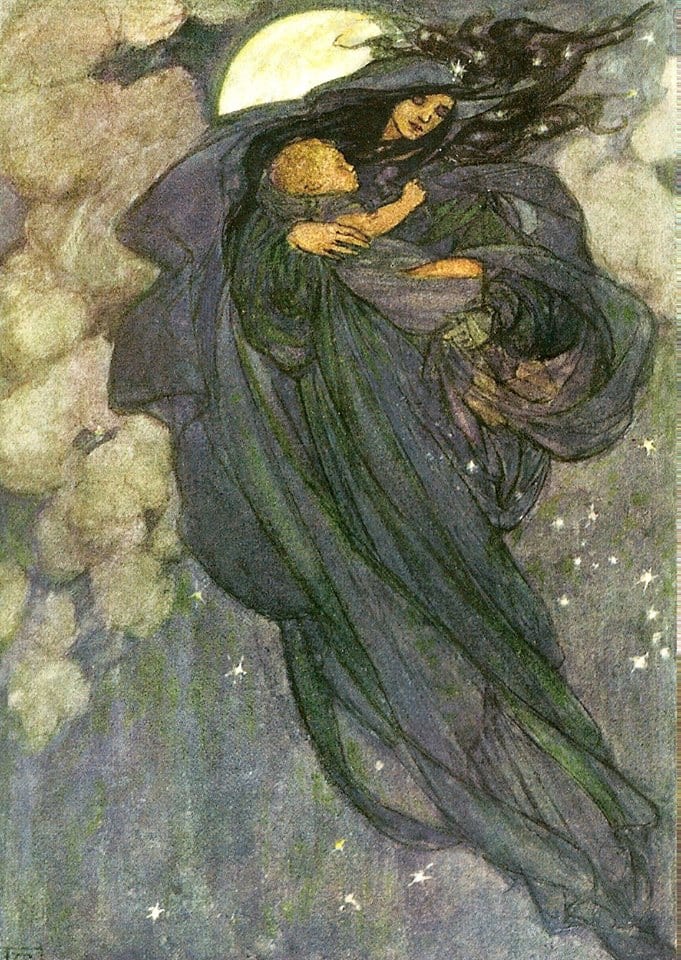This image reminds me of Frau Holle for her role as keeper of souls who pass away in infancy, her status as fertility goddess, and that she flies through the air with the Wild Hunt at night during the Winter Solstice. By Florence Emma Harrison.