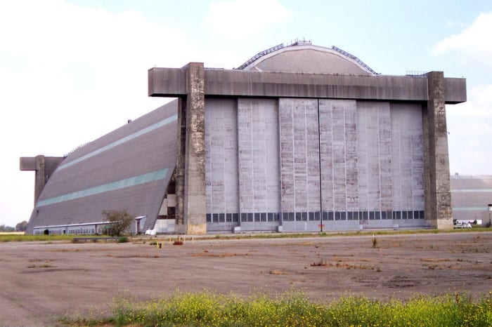 Exterior of Hanger 2 near Tustin, CA. Built 1942. One of the largest free-standing wooden structures in the world.