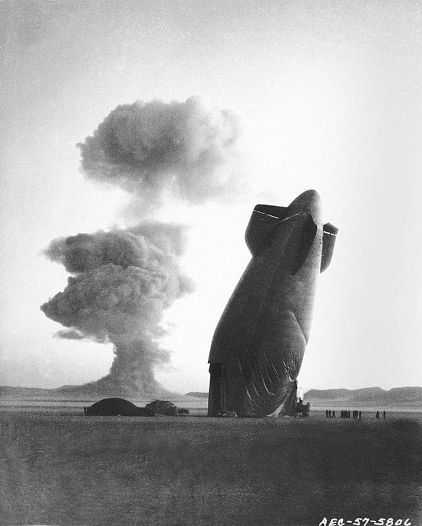 US Navy K-class ZSG-3 airship collapsed from the shockwave more than five miles from ground zero. Nevada August 7, 1957