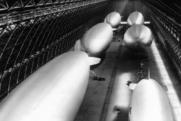 Massive Hanger No. 2 near Tustin, California with six airships. Each airship is nearly 250 feet long.