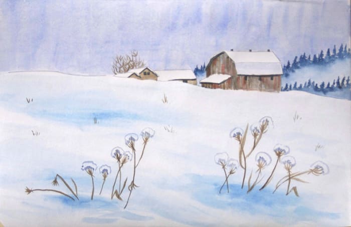 Another watercolor painting. Notice large areas with just color and only a few simple details.