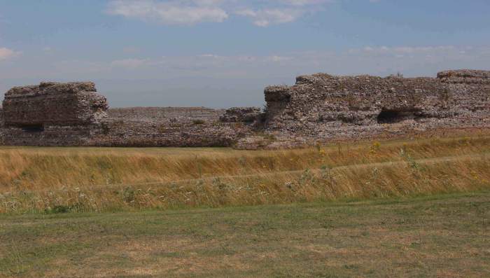 The perimeter walls of Fortress Richborough today - The southwestern corner of the Saxon Shore fort and the outer perimeter ditches date to the late 3rd century