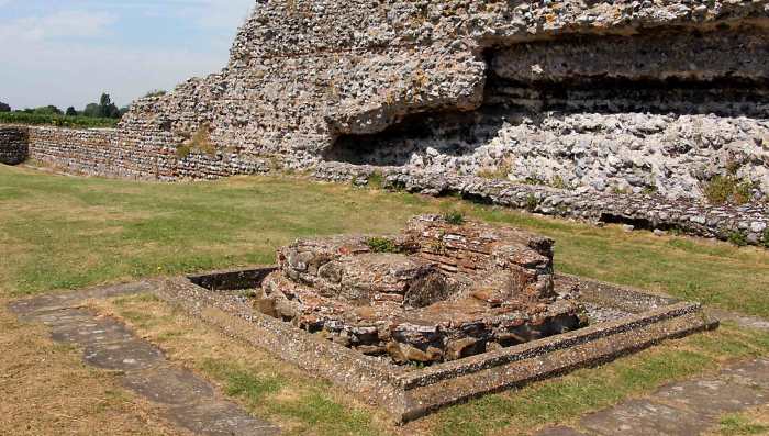 In the back ground of this photo is part of the Roman wall, but in the foreground is a baptismal font, a rare example of Christian Roman belief, and the last known Roman building on the site dating to the 4th century AD