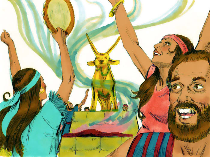 Jews worshiping the "golden calf" following their escape from Egypt. Despite all the signs and miracles by God, many continued to worship idols.