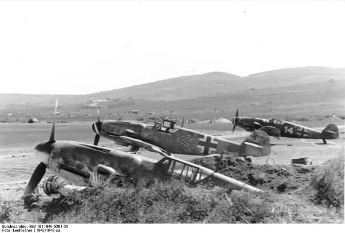 Row of Messerschmitt Bf109s on the air field. At the time of the German invasion of the Soviet Union the Luftwaffe was the best equipped air force in the world.