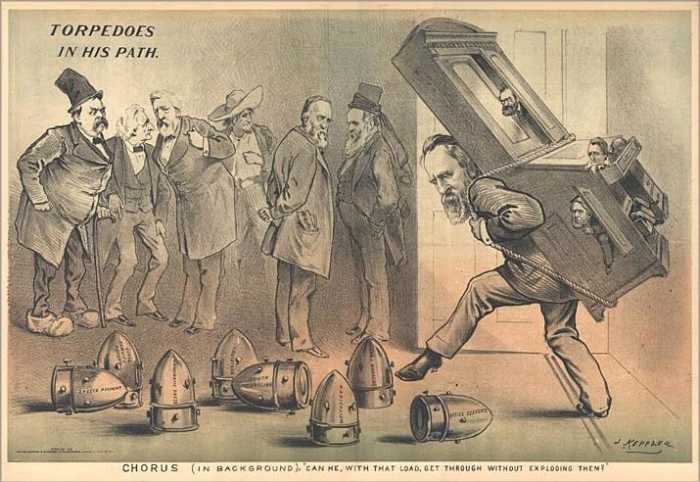 U.S. President Rutherford B. Hayes carries a cabinet on his back, containing Vice President William Wheeler, Secretary of the Treasury John Sherman, and Secretary of the Interior Carl Schurz.