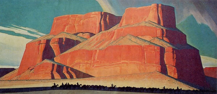 The stunning desert landscapes of Maynard Dixon are now found mostly in museum collections, This mural, titled Red Butte and the Mountain Men, runs 8 X 18 feet and can be found at the Booth Western Art Museum in Cartersville, Georgia.