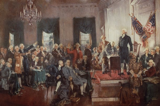 Constitutional Convention including George Washington, James Madison, Benjamin Franklin, and Alexander Hamilton.