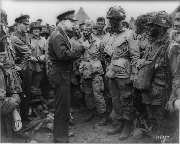 General Dwight D. Eisenhower addresses American paratroopers prior to D-Day in England.