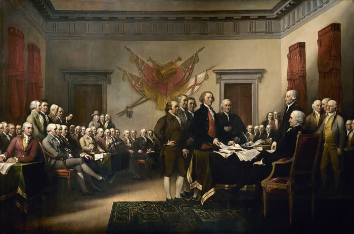 This painting of the Signing of the Declaration of Independence was done by John Trumbull in 1818. Even though tha canvas painting is 18' X 12', it does not include all the signers because images of some of the men were not available at the time.