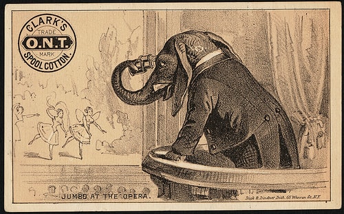 Jumbo at the opera complete with tailcoat and opera glasses in his trunk. This time he's peddling cotton.