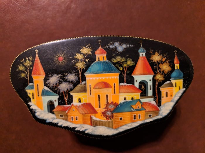 Miniature box with classic picture of a Russian Village in Winter