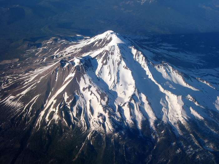 Mt. Shasta in California is often snow-covered and has a glacier (Whitney Glacier) on its west flank