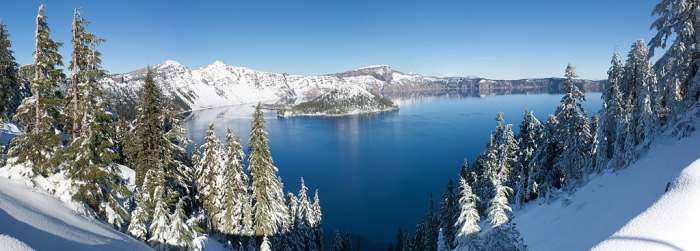 In winter, Crater Lake and the surrounding ring of mountains makes for a spectacular panorama.
