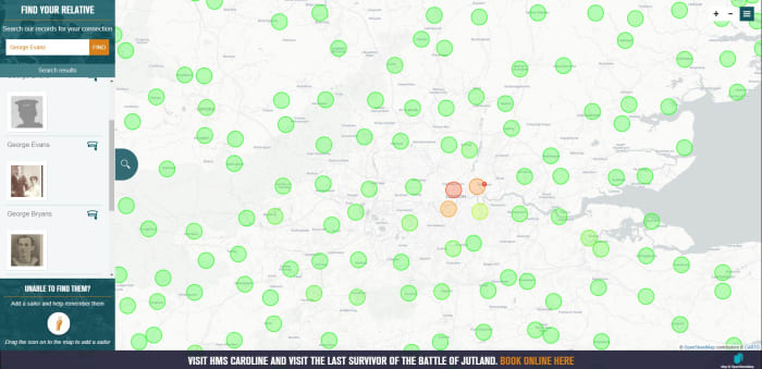 A look at the map on the web, featuring 'hot spots' where sailors lived and the search features on the left
