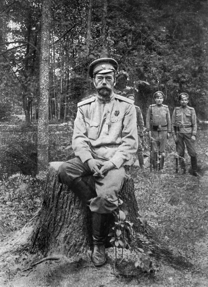 One of the last known images of Tsar Nicholas II, after his abdication of the throne in 1917. Notice his weathered appearance in comparison to prior years.