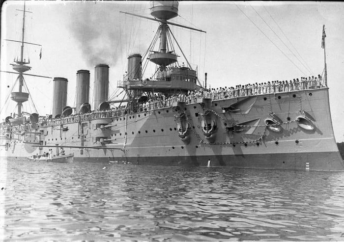 HMS Powerful was assigned to the Cape Station at the stary of hostilities - its cre members would participate in the eary days of the war.