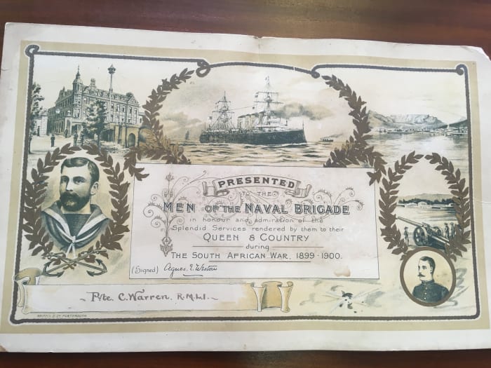 Certificate awarded to a Royal Marine who served in the Naval Brigade in the relief expedtion in South Africa