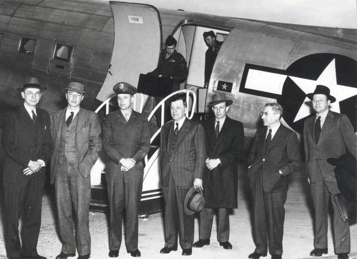 The General Advisory Committee of the Atomic Energy Commission arrives at Santa Fe, New Mexico, Airport on 3 April 1947. L to R: James B. Conant, J. Robert Oppenheimer, Brigadier General James McCormack, Hartley Rowe, John H. Manley, Isidor Isaac