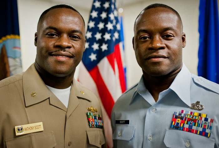 Identical twins in the U.S. military, but look closely and you'll see subtle differences.
